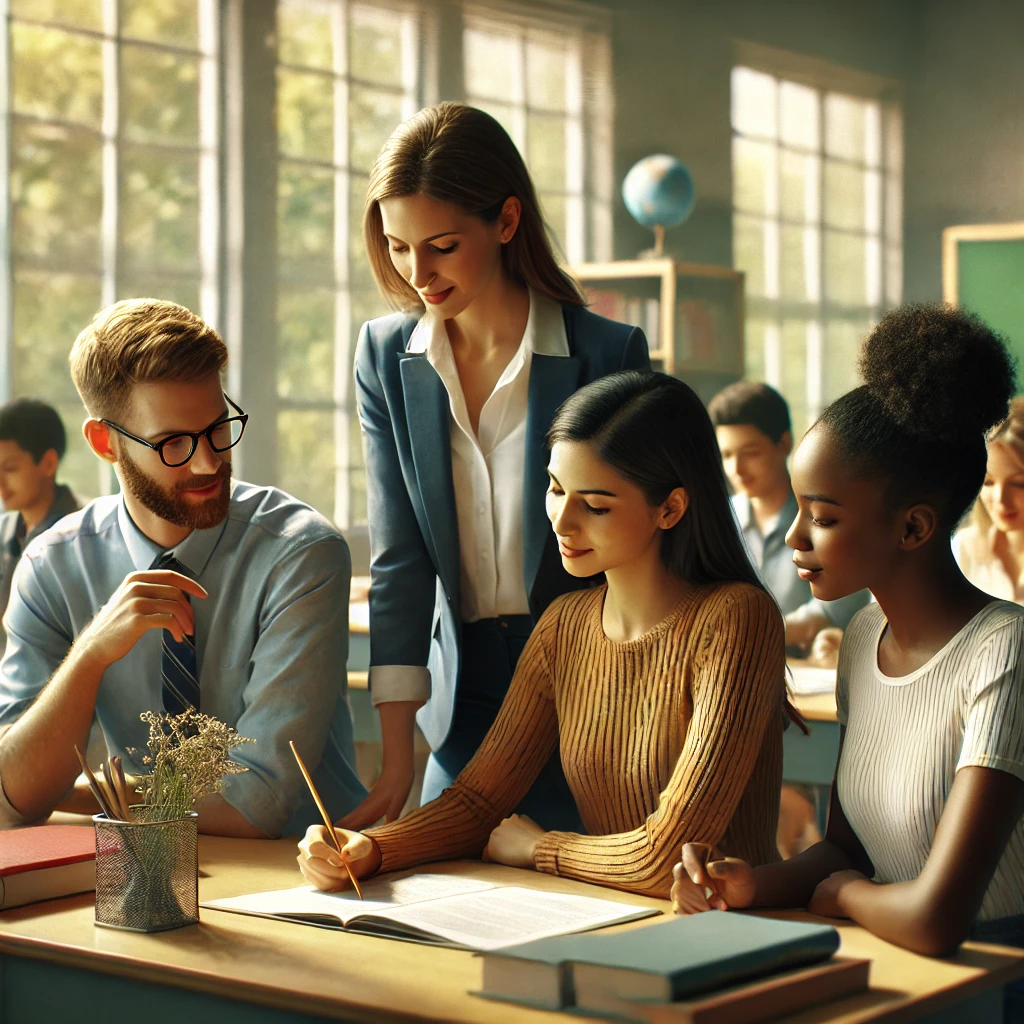 DALL·E 2025-01-20 20.06.23 - A realistic depiction of a school environment featuring a small group of diverse teachers (a male teacher, a female teacher, and a teacher from a diff Community